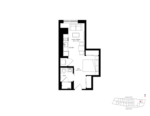 Floor plan for studio, 1 bath, 393 sqft