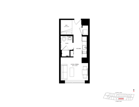 Floor plan for studio, 1 bath, 390 sqft