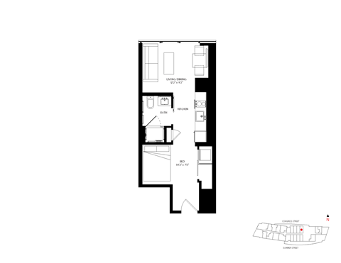 Floor plan for studio, 1 bath, 387 sqft