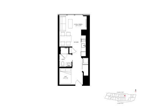 Floor plan for studio, 1 bath, 414 sqft
