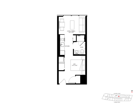 Floor plan for studio, 1 bath, 394 sqft