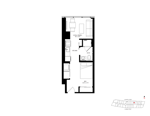 Floor plan for studio, 1 bath, 398 sqft
