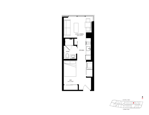 Floor plan for studio, 1 bath, 407 sqft