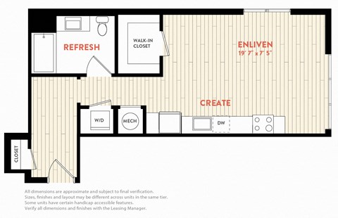 Floor plan for studio, 1 bath, 636 sqft