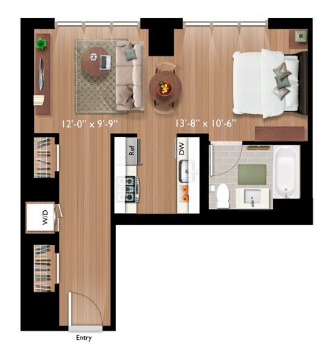 Floor plan for studio, 1 bath, 587 sqft