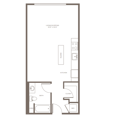 Floor plan for studio, 1 bath, 607 sqft