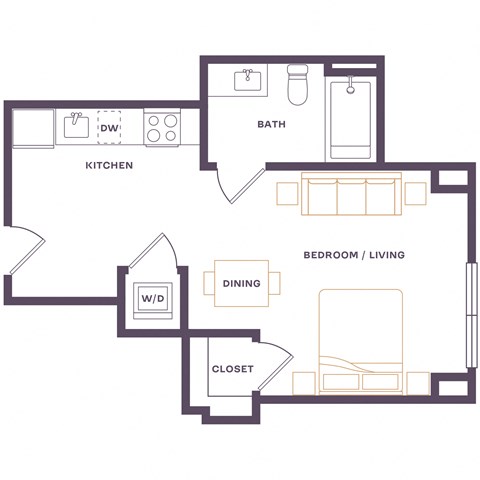 Floor plan for studio, 1 bath, 390 sqft
