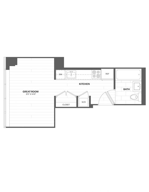 Floor plan for studio, 1 bath, 322 sqft