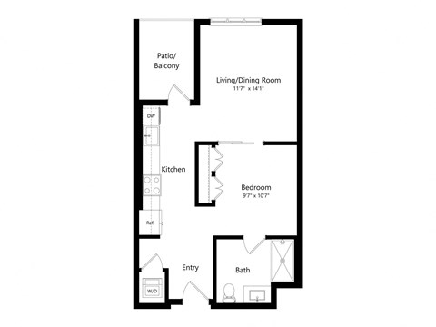 Floor plan for studio, 1 bath, 602 sqft