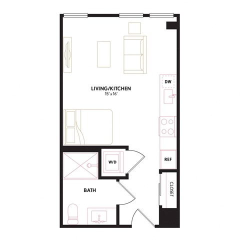 Floor plan for studio, 1 bath, 416 sqft