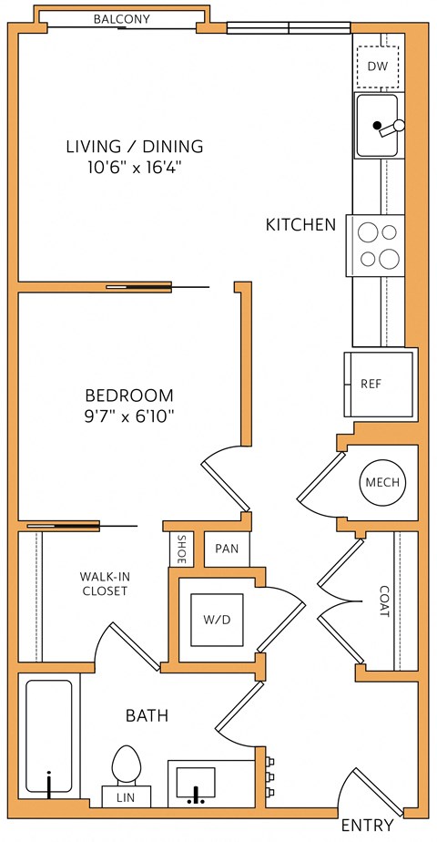 Floor plan for studio, 1 bath, 534 sqft