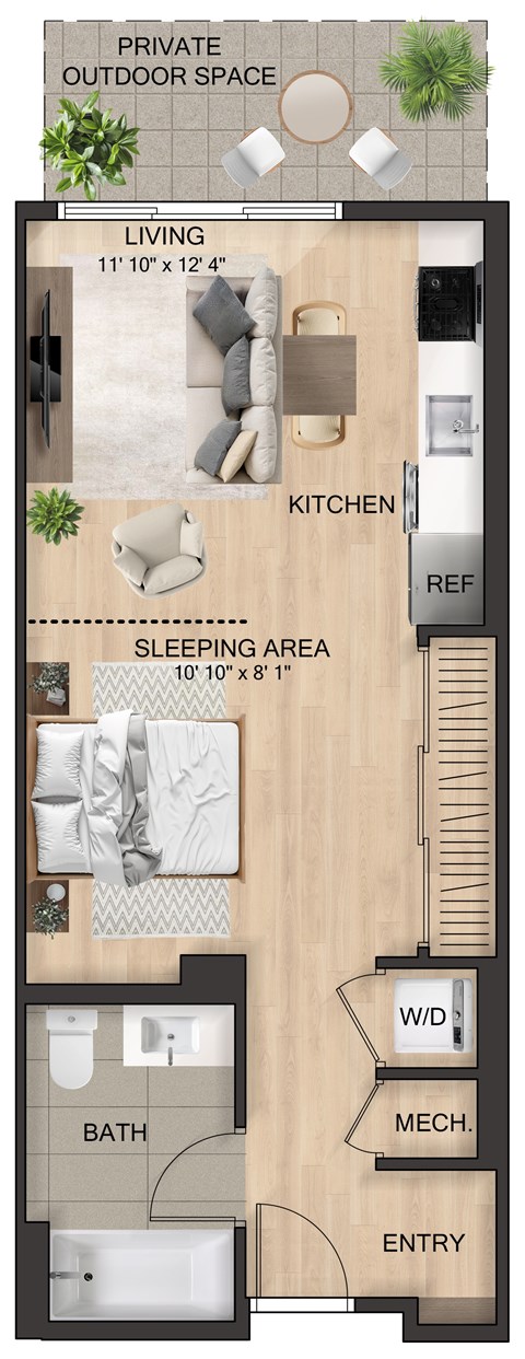 Floor plan for studio, 1 bath, 528 sqft