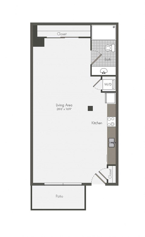Floor plan for studio, 1 bath, 595 sqft