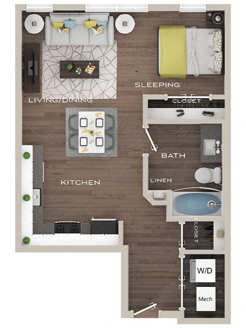 Floor plan for studio, 1 bath, 504 sqft