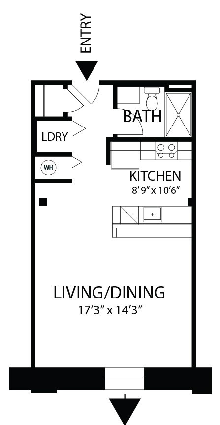 Floor plan for studio, 1 bath, 535 sqft