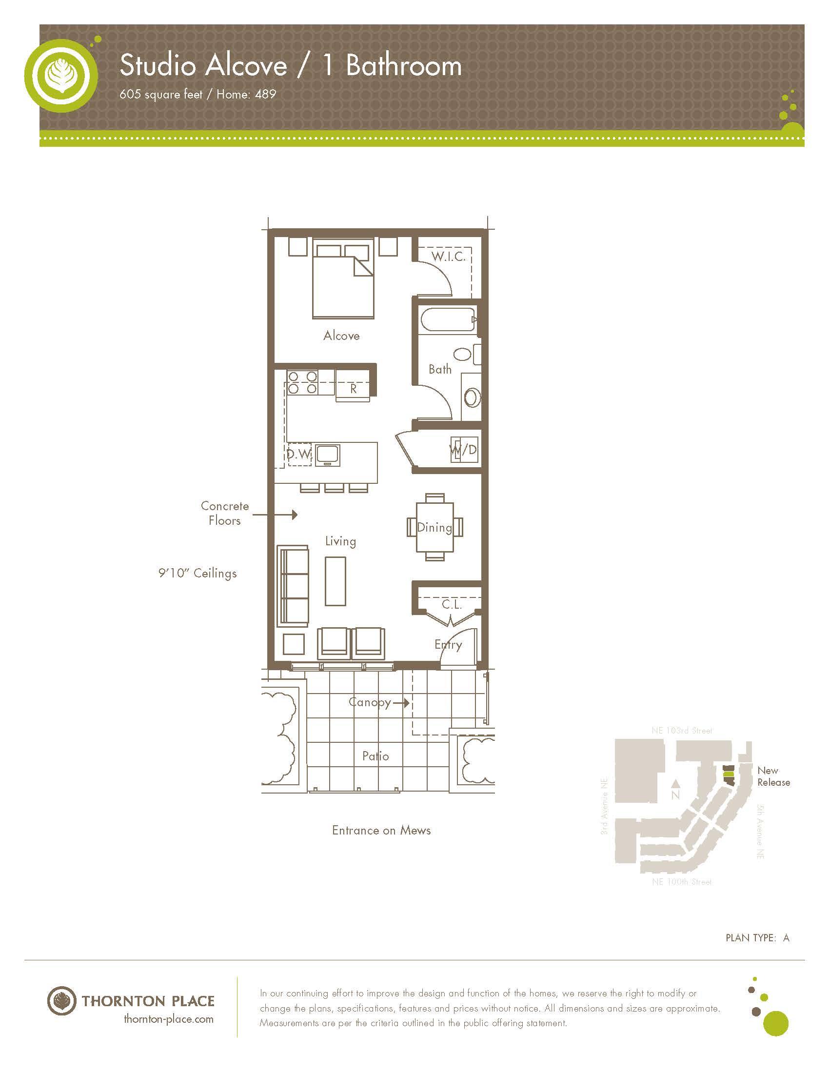 Floor plan for 1 bed, 1 bath, 605 sqft