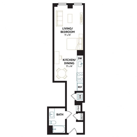Floor plan for studio, 1 bath, 554 sqft