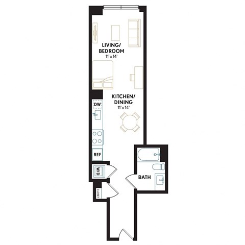 Floor plan for studio, 1 bath, 557 sqft