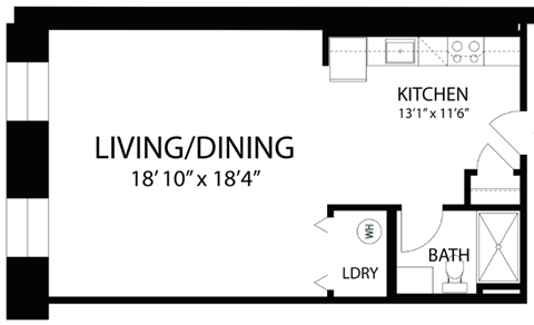 Floor plan for studio, 1 bath, 585 sqft