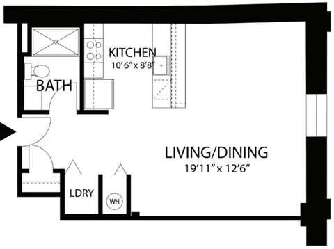 Floor plan for studio, 1 bath, 585 sqft