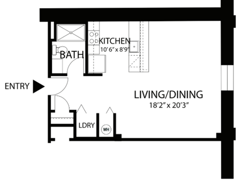 Floor plan for studio, 1 bath, 590 sqft