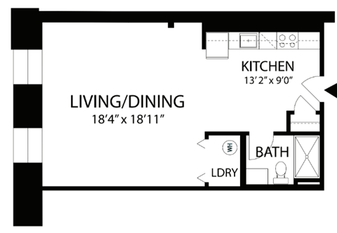 Floor plan for studio, 1 bath, 590 sqft