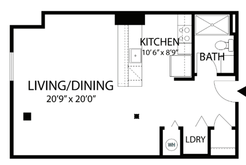 Floor plan for studio, 1 bath, 590 sqft
