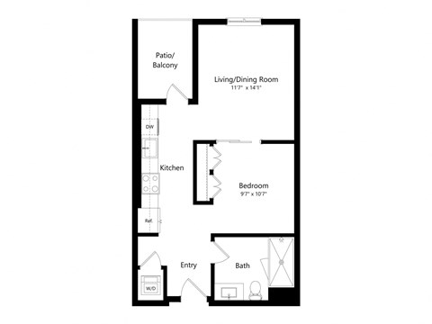 Floor plan for studio, 1 bath, 601 sqft