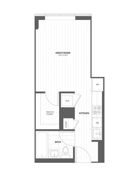 Floor plan for studio, 1 bath, 386 sqft