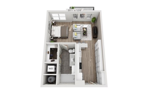 Floor plan for studio, 1 bath, 663 sqft