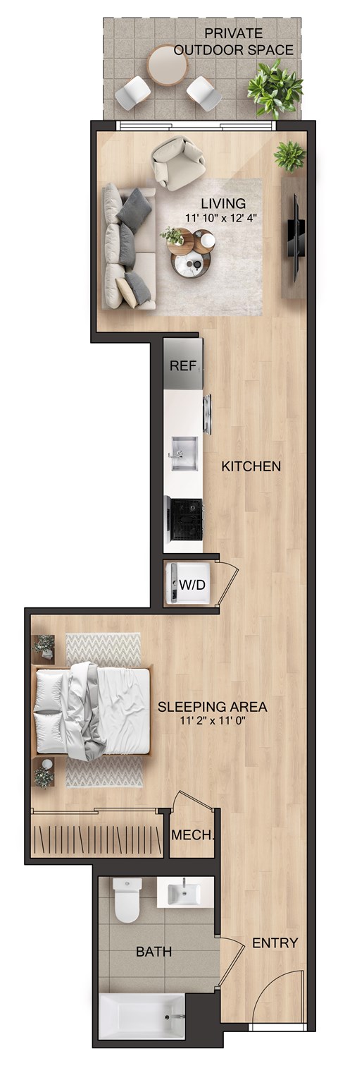 Floor plan for studio, 1 bath, 623 sqft
