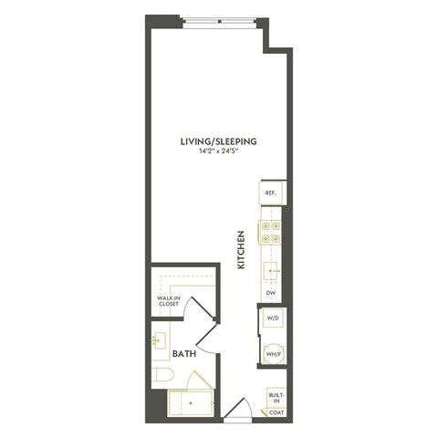 Floor plan for studio, 1 bath, 607 sqft
