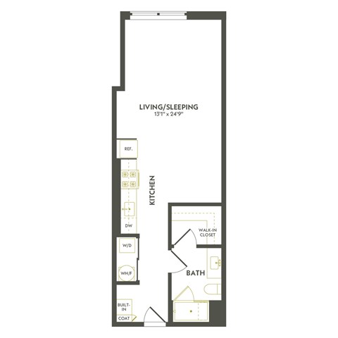 Floor plan for studio, 1 bath, 616 sqft