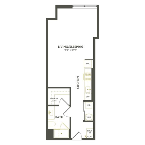 Floor plan for studio, 1 bath, 626 sqft