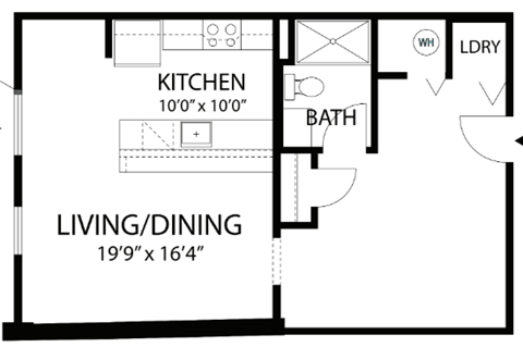 Floor plan for studio, 1 bath, 590 sqft