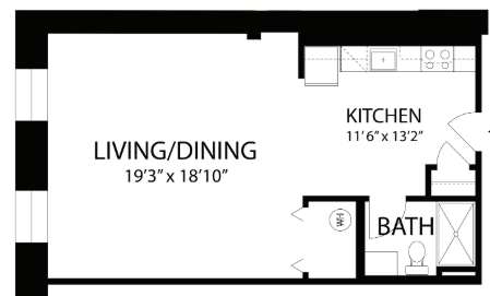 Floor plan for studio, 1 bath, 605 sqft