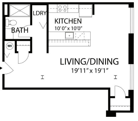 Floor plan for studio, 1 bath, 615 sqft