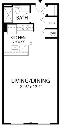 Floor plan for studio, 1 bath, 655 sqft