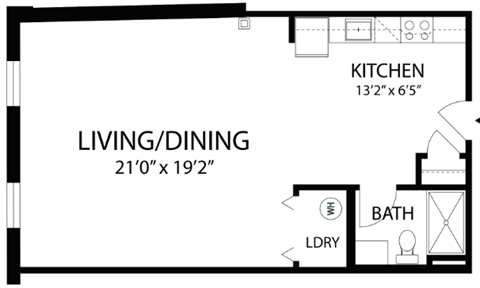 Floor plan for studio, 1 bath, 655 sqft