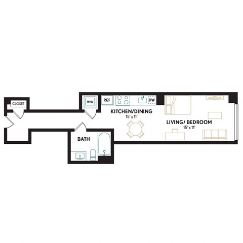 Floor plan for studio, 1 bath, 595 sqft