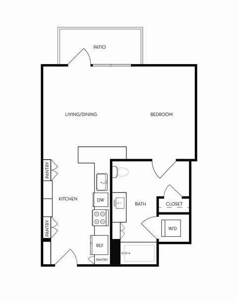 Floor plan for studio, 1 bath, 599 sqft