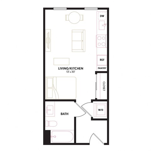 Floor plan for studio, 1 bath, 419 sqft