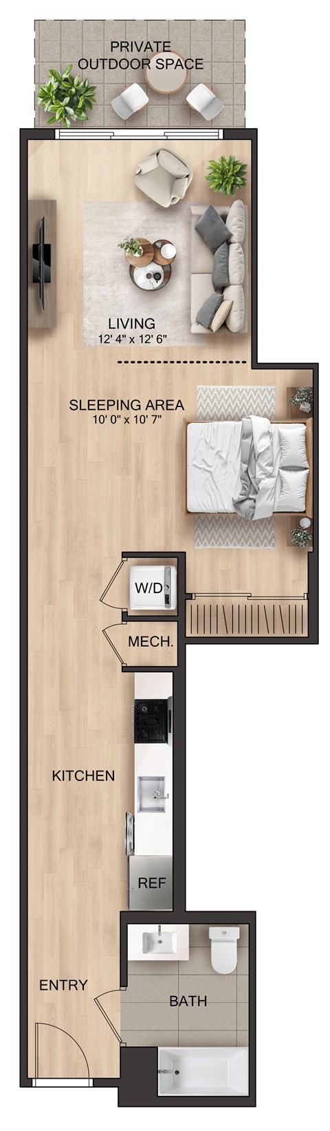 Floor plan for studio, 1 bath, 628 sqft