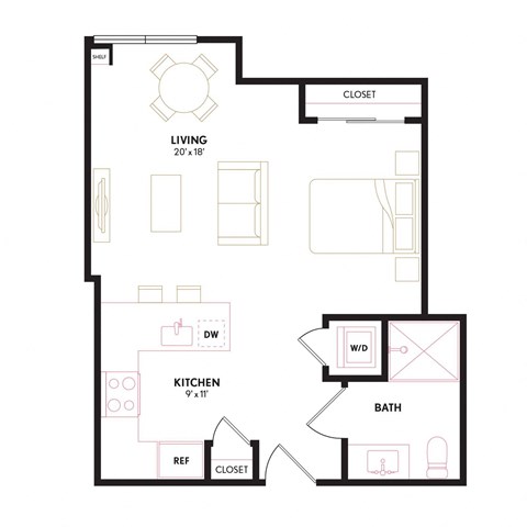 Floor plan for studio, 1 bath, 540 sqft