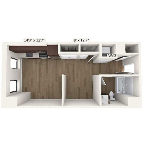 Floor plan for studio, 1 bath, 527 sqft