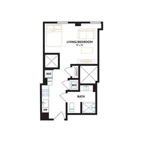 Floor plan for studio, 1 bath, 488 sqft