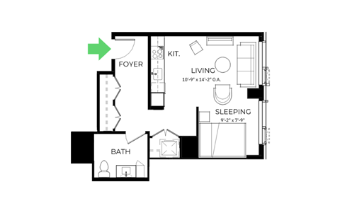 Floor plan for studio, 1 bath, 536 sqft