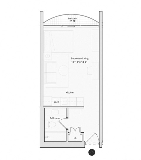 Floor plan for studio, 1 bath, 357 sqft