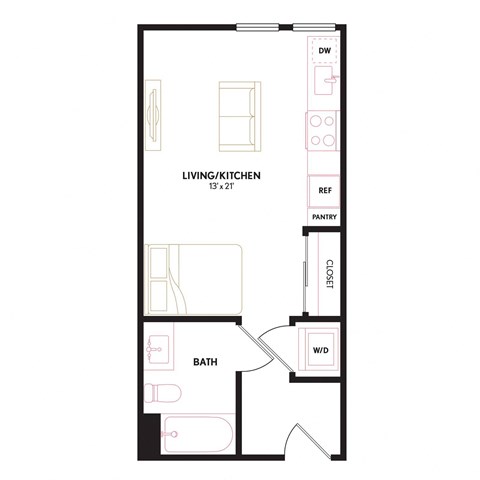 Floor plan for studio, 1 bath, 421 sqft