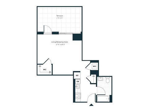 Floor plan for studio, 1 bath, 532 sqft